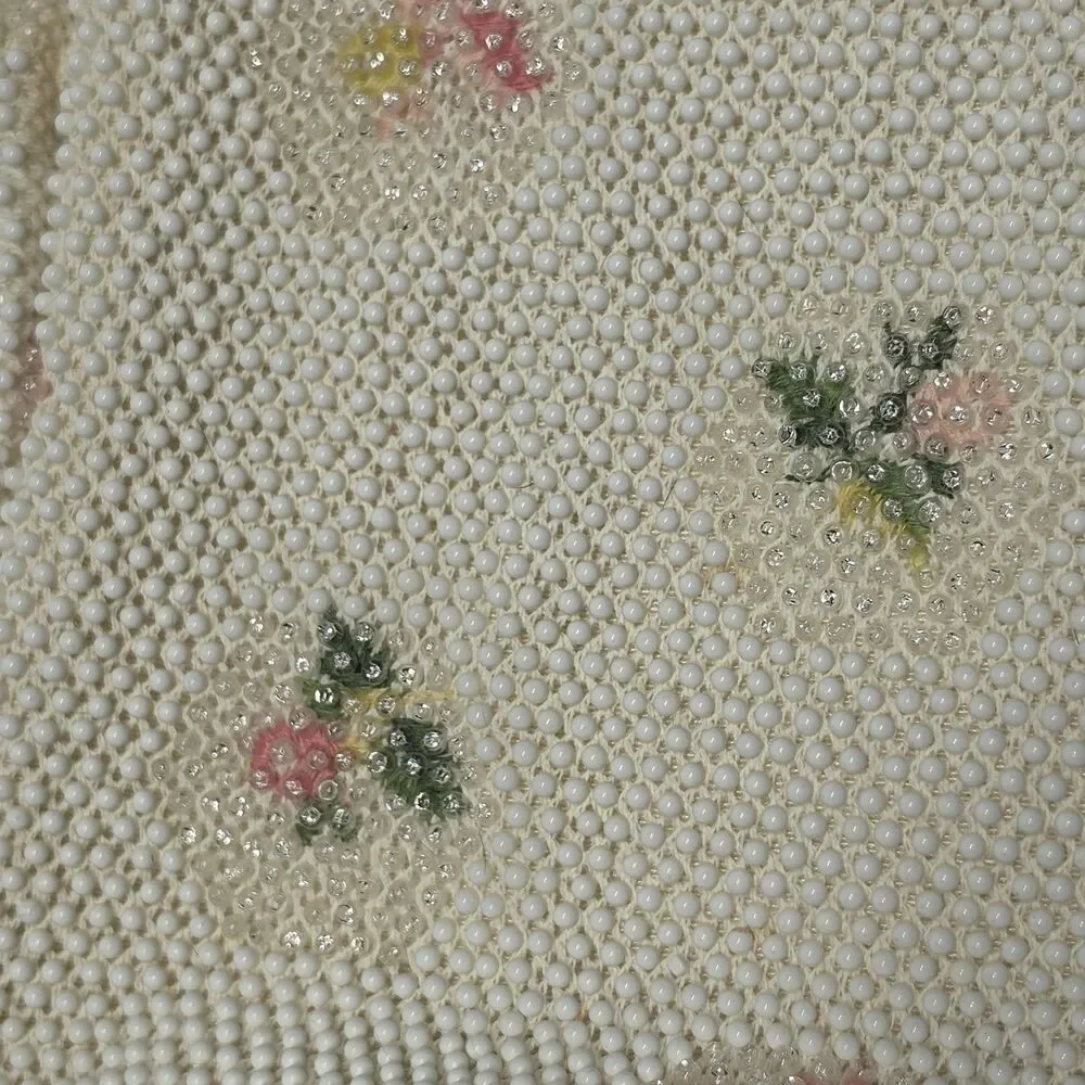 Vintage 1950s White Cream Hand Beaded Pink Green Flowers Purse Bag By Lumured
